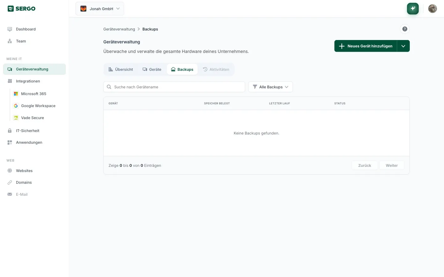 SERGO Portal – Geräte-Backup